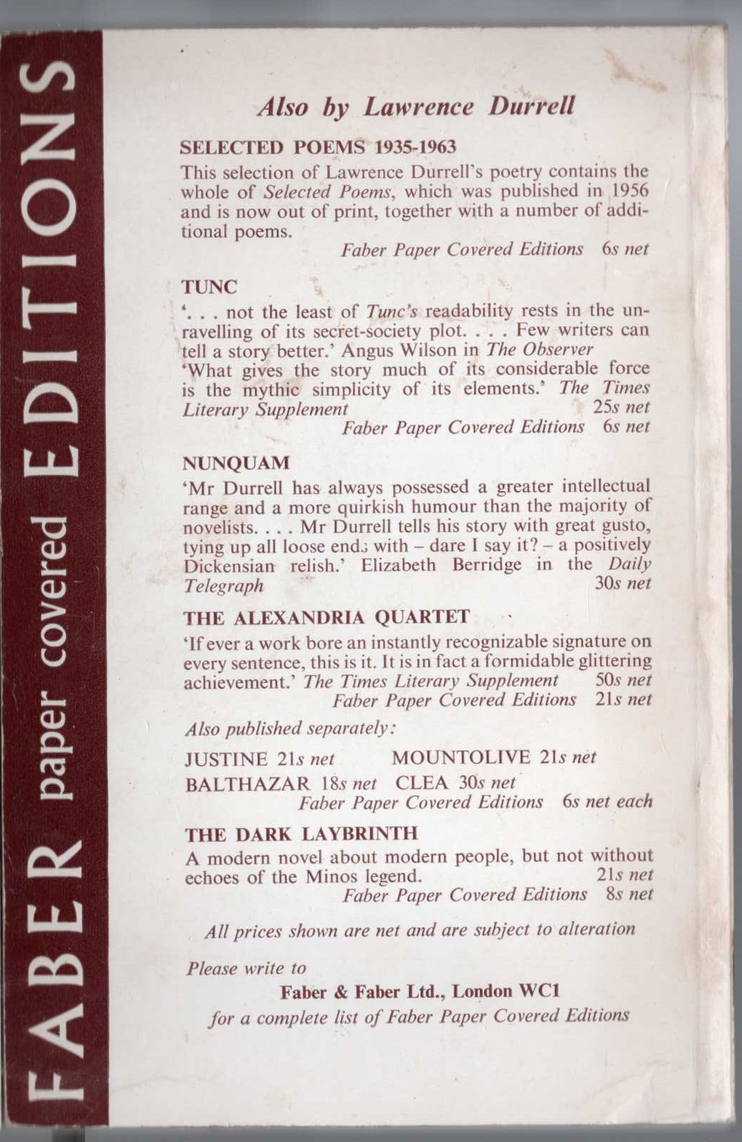 Lawrence Durrell  PROSPERO'S CELL magnified rear book cover image