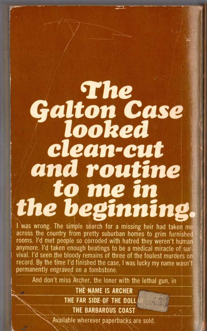 Ross Macdonald  THE GALTON CASE magnified rear book cover image