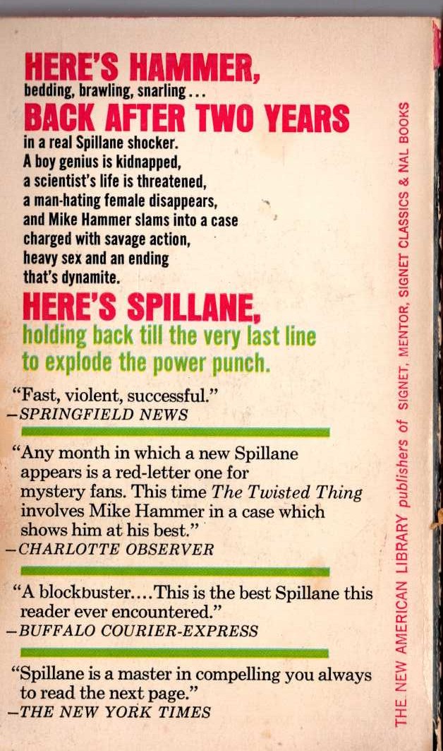 Mickey Spillane  THE TWISTED THING magnified rear book cover image