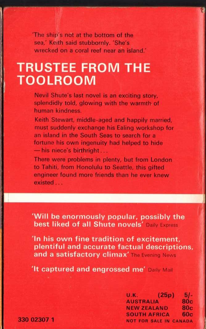 Nevil Shute  TRUSTEE FROM THE TOOLROOM magnified rear book cover image