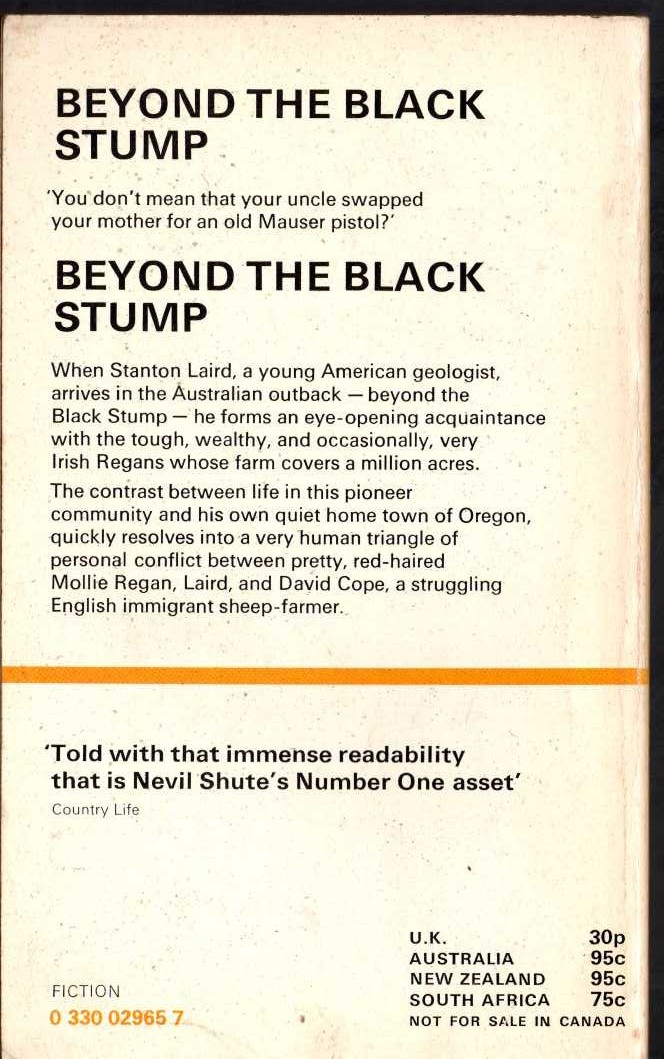 Nevil Shute  BEYOND THE BLACK STUMP magnified rear book cover image