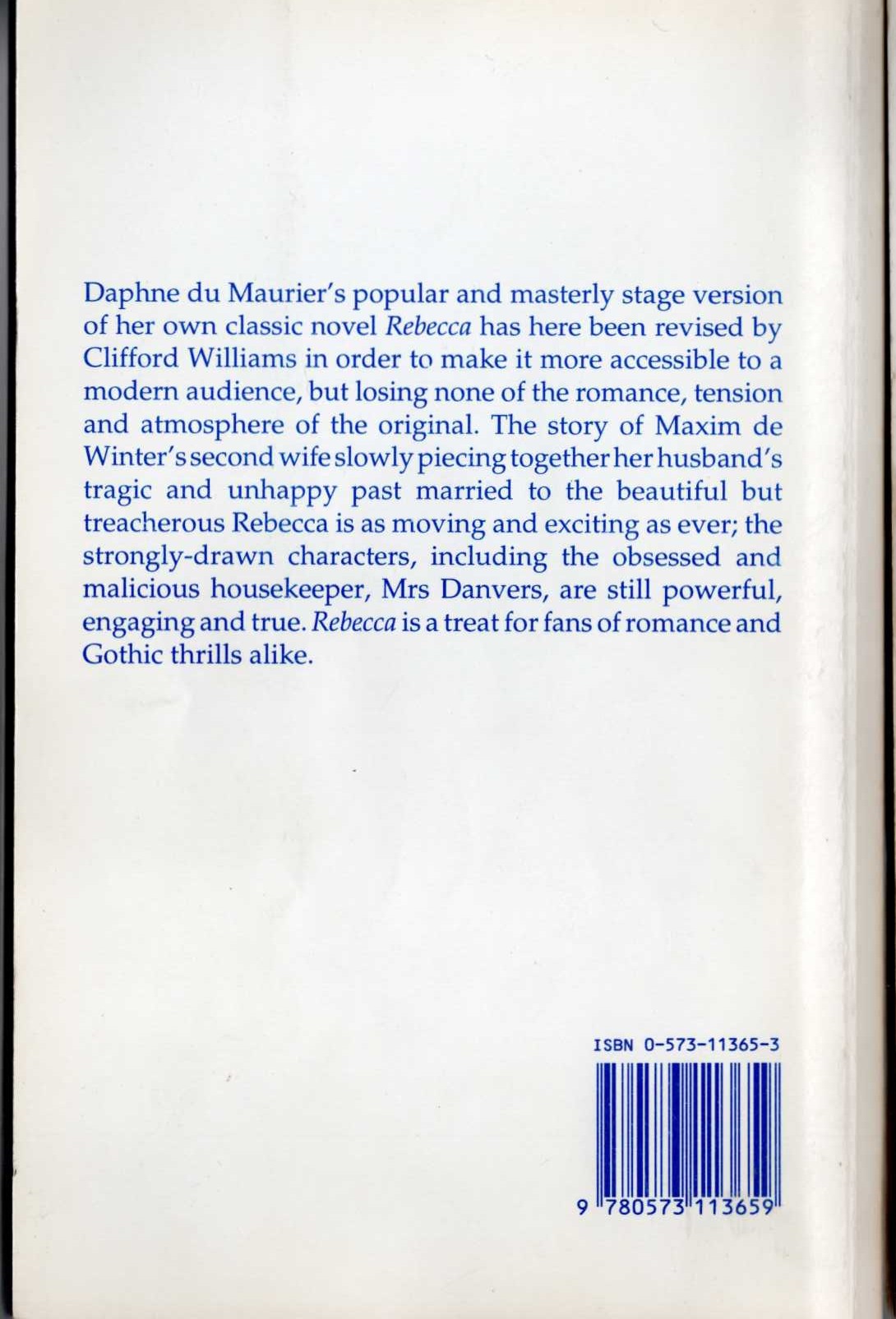 Daphne du Maurier (adapted_by_Clifford_Williams) REBECCA. A Play magnified rear book cover image