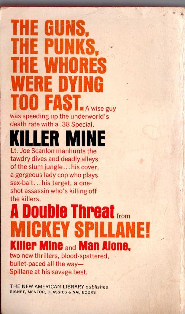 Mickey Spillane  KILLER MINE magnified rear book cover image