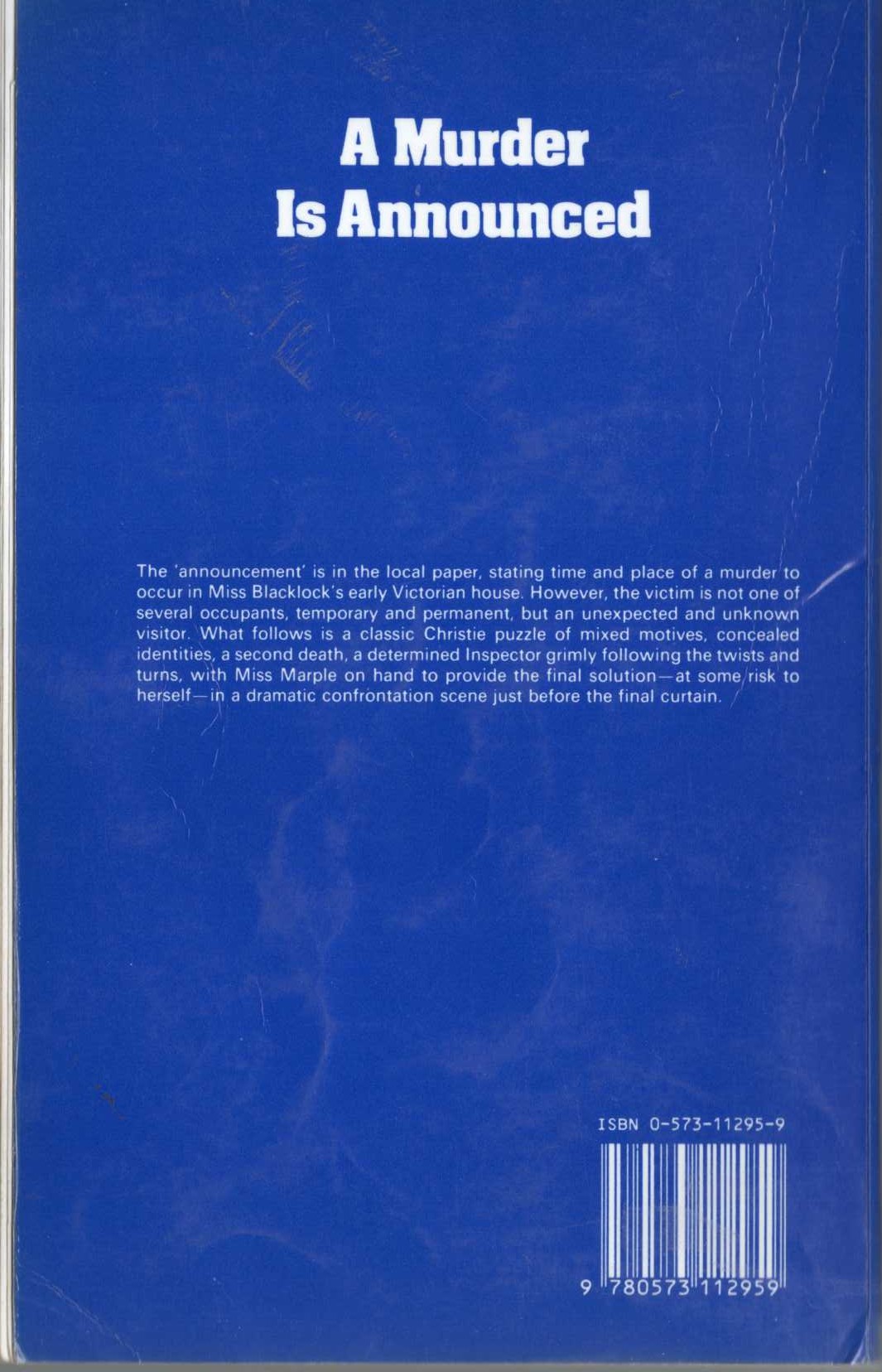 Agatha Christie  A MURDER IS ANNOUNCED magnified rear book cover image