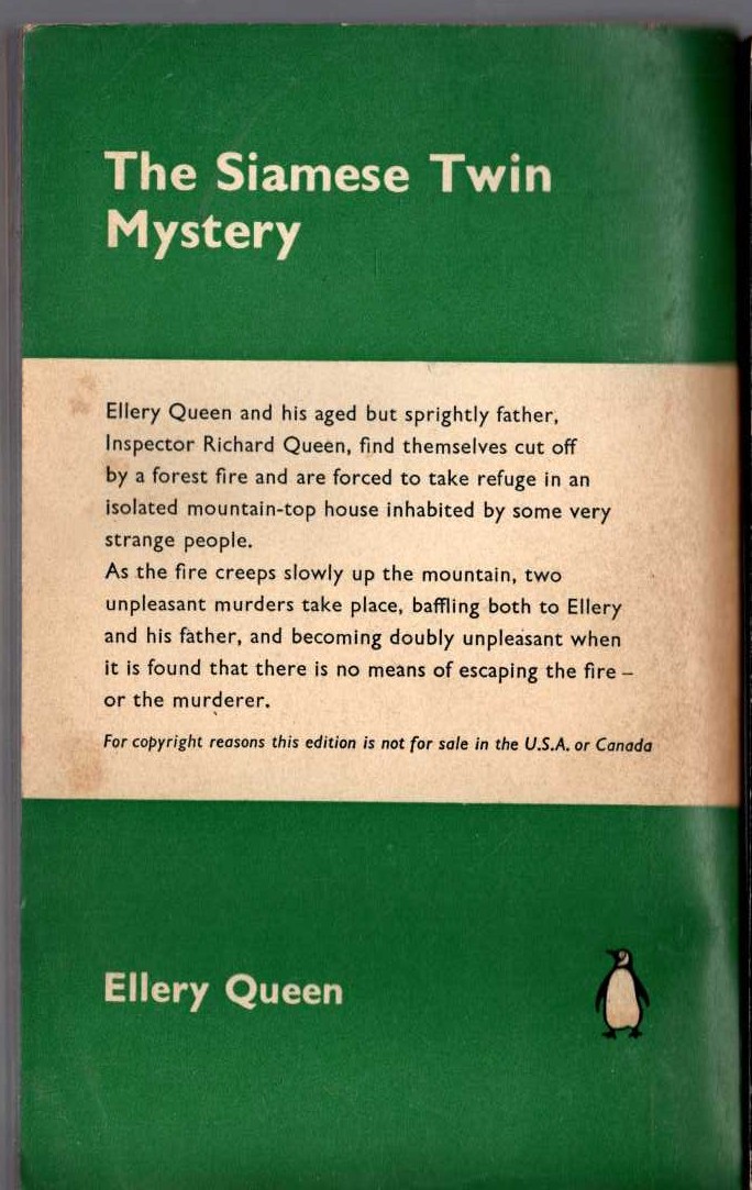 Ellery Queen  THE SIAMESE TWIN MYSTERY magnified rear book cover image