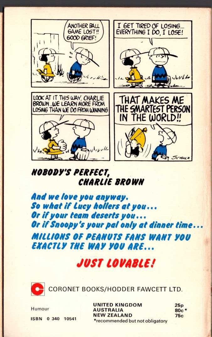 Charles M. Schulz  NOBODY'S PERFECT, CHARLIE BROWN magnified rear book cover image