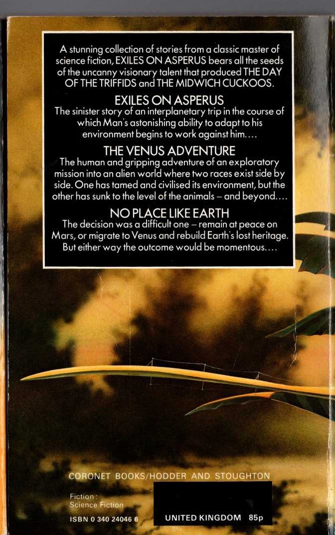 John Wyndham  EXILES ON ASPERUS magnified rear book cover image