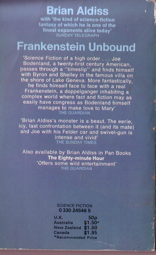 Brian Aldiss  FRANKENSTEIN UNBOUND magnified rear book cover image