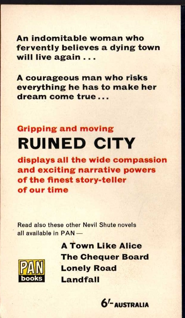 Nevil Shute  RUINED CITY magnified rear book cover image