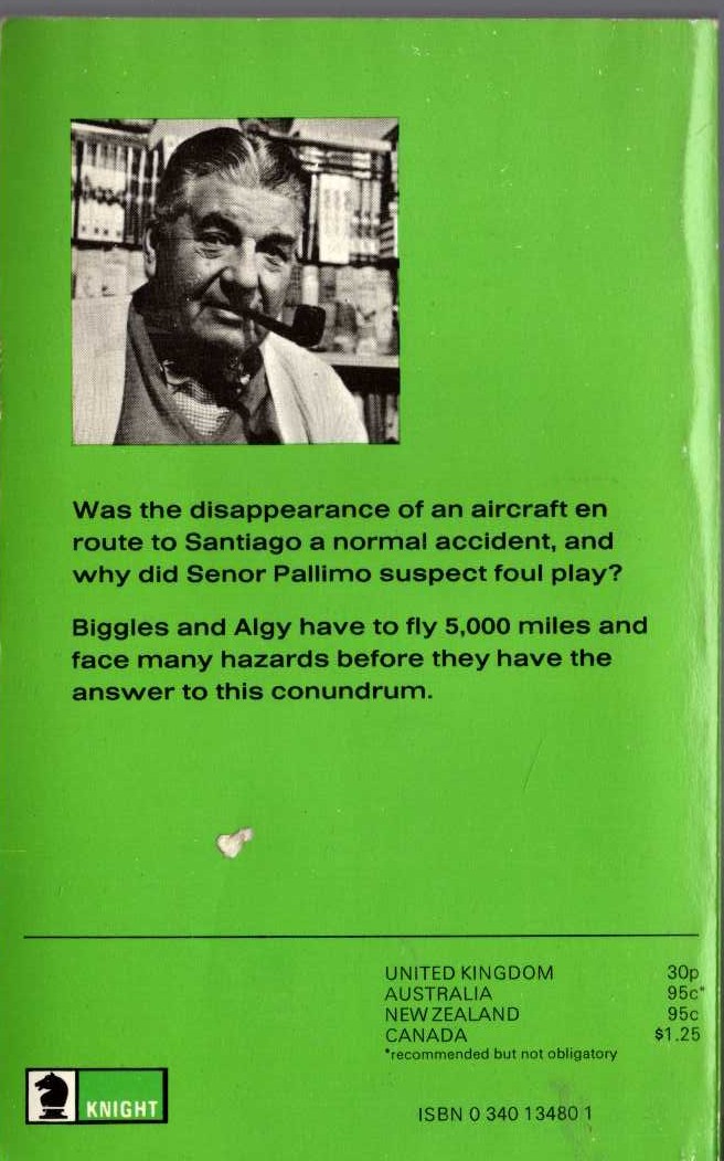 Captain W.E. Johns  BIGGLES AND THE LITTLE GREEN GOD magnified rear book cover image