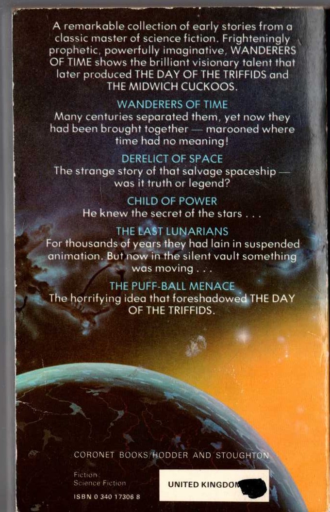 John Wyndham  WANDERERS OF TIME magnified rear book cover image