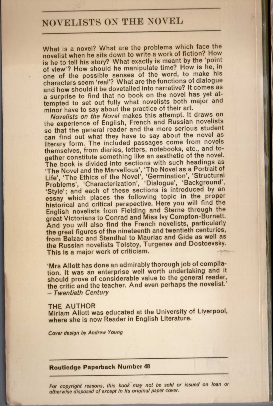 Miriam Allott  NOVELISTS ON THE NOVEL magnified rear book cover image