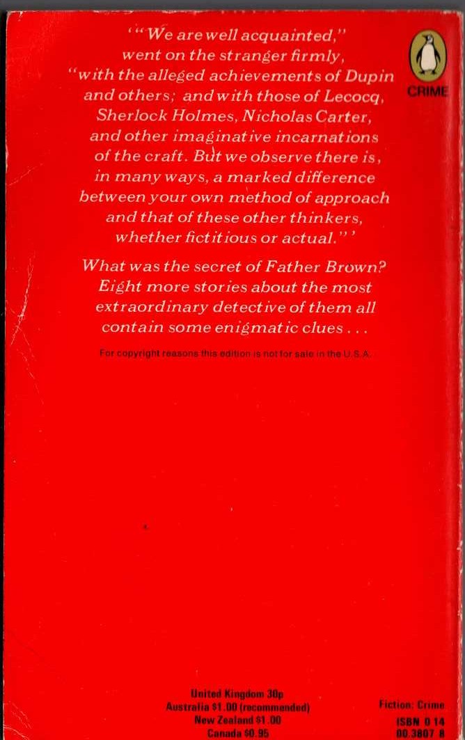 G.K. Chesterton  THE SECRET OF FATHER BROWN magnified rear book cover image