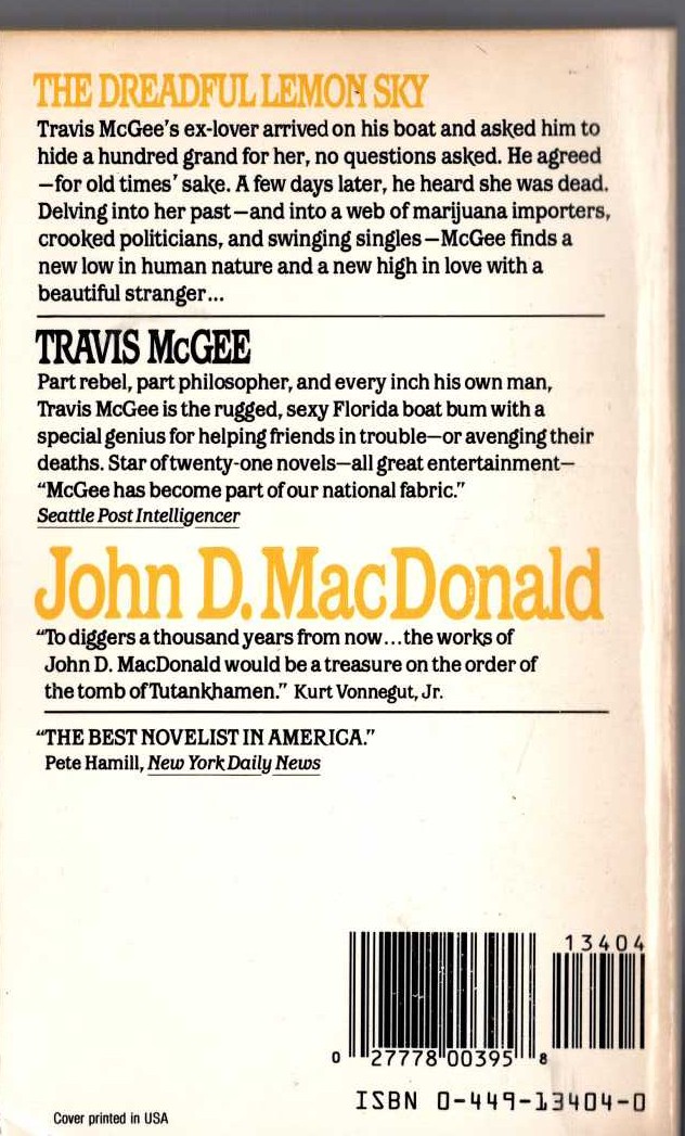 John D. MacDonald  THE DREADFUL LEMON SKY magnified rear book cover image