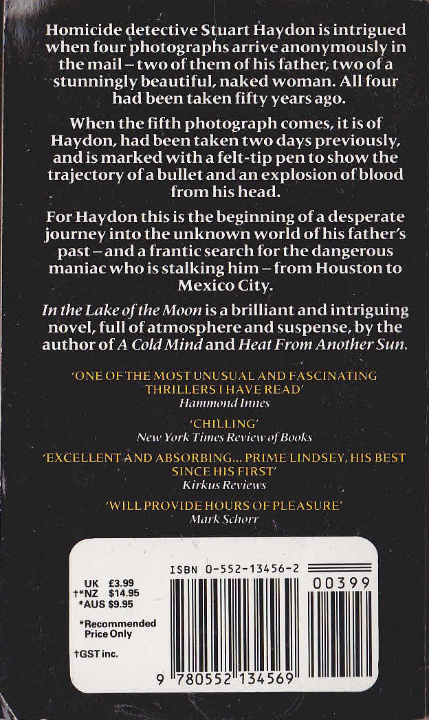 David L. Lindsey  IN THE LAKE OF THE MOON magnified rear book cover image