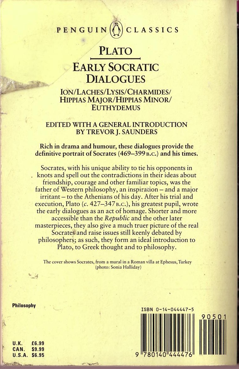 Plato   EARLY SOCRATIC DIALOGUES magnified rear book cover image
