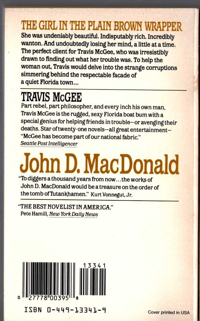 John D. MacDonald  THE GIRL IN THE PLAIN BROWN WRAPPER magnified rear book cover image