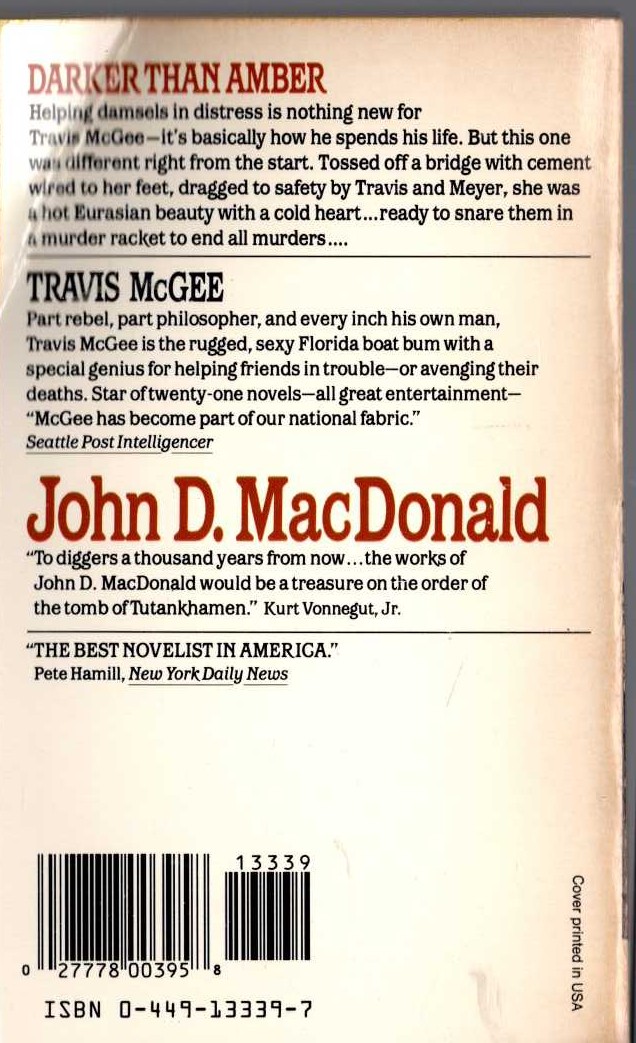 John D. MacDonald  DARKER THAN AMBER magnified rear book cover image