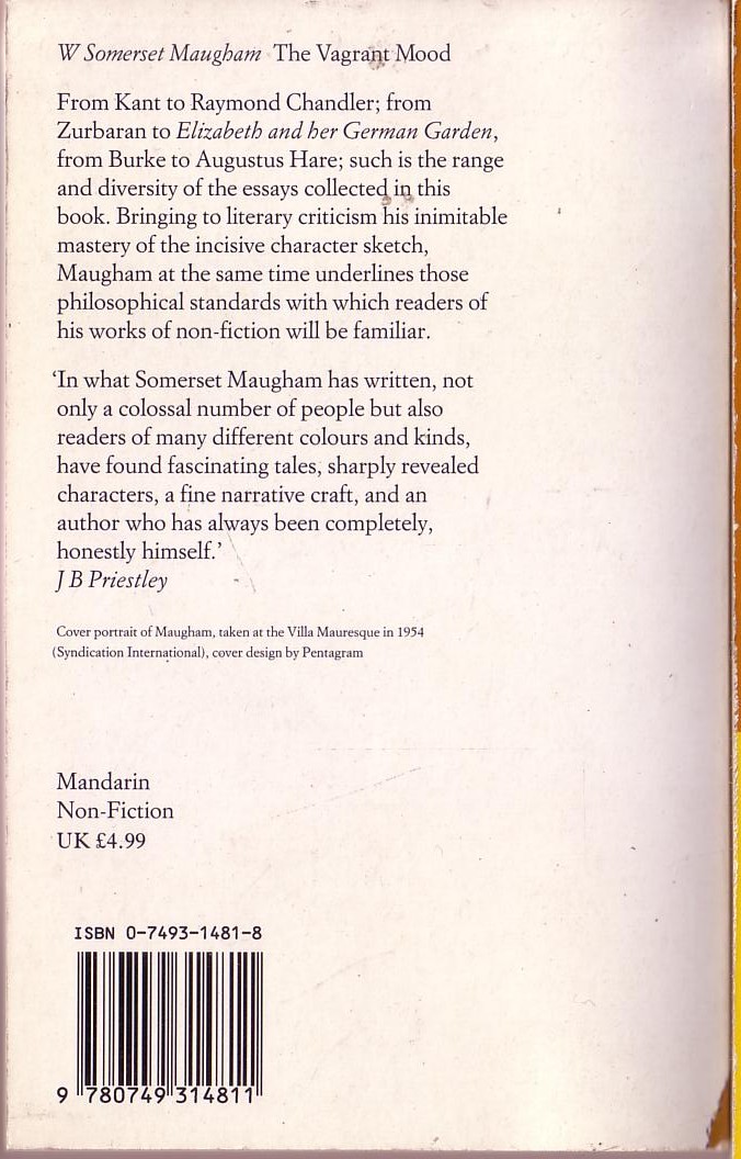 W.Somerset Maugham  THE VAGRANT MOOD (non-fiction) magnified rear book cover image