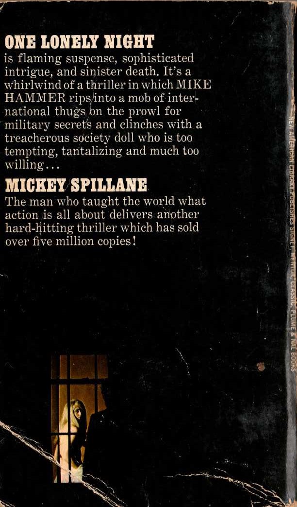 Mickey Spillane  ONE LONELY NIGHT magnified rear book cover image