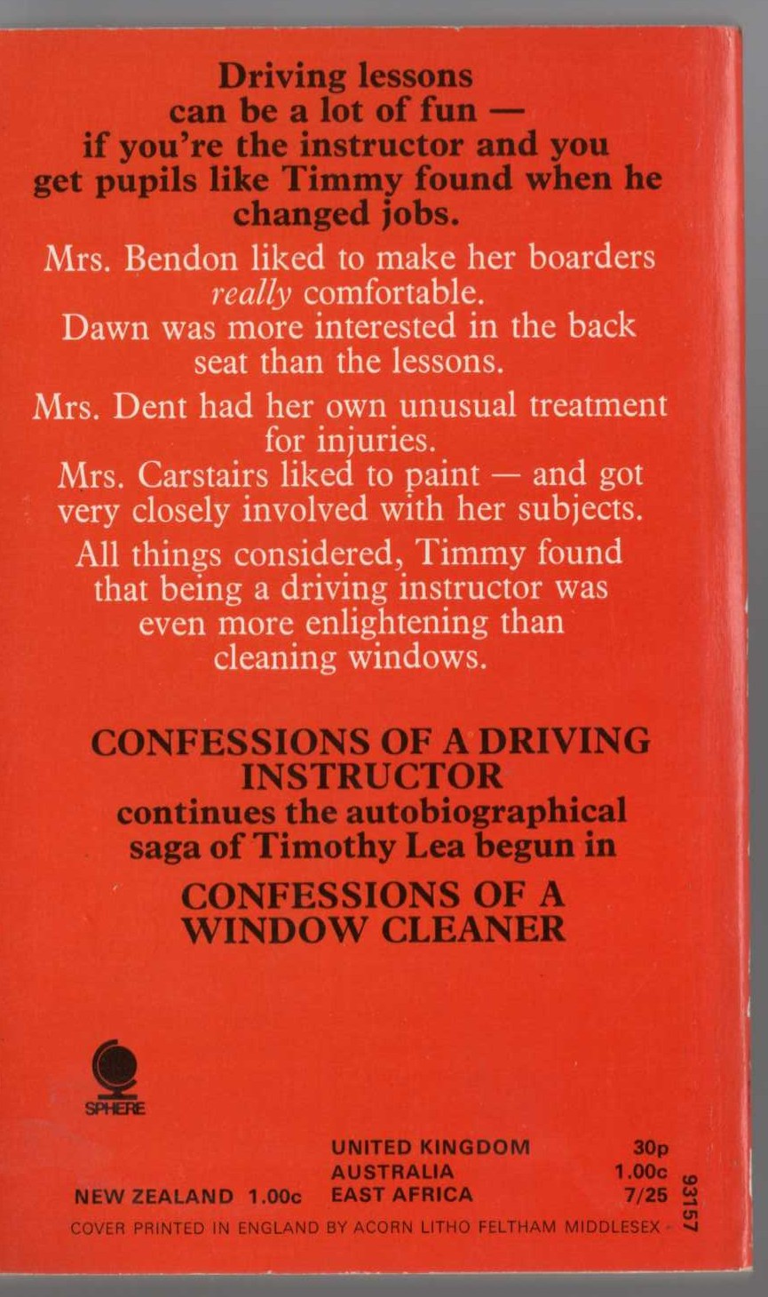 Timothy Lea  CONFESSIONS OF A DRIVING INSTRUCTOR magnified rear book cover image