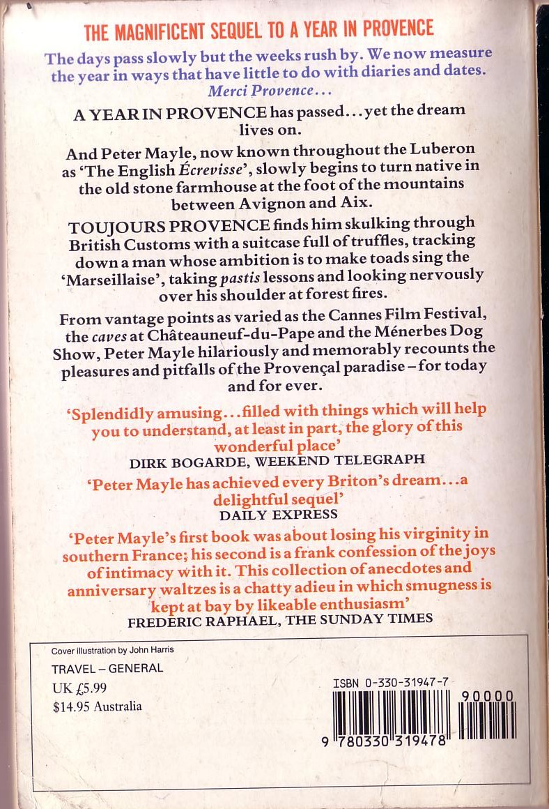 Peter Mayle  TOUJOURS PROVENCE magnified rear book cover image