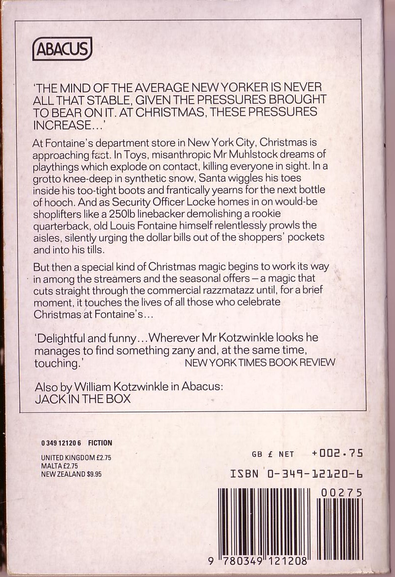 William Kotzwinkle  CHRISTMAS AT FONTAINES magnified rear book cover image