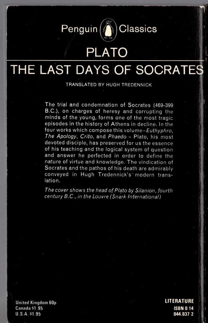 Plato   THE LAST DAYS OF SOCRATES magnified rear book cover image