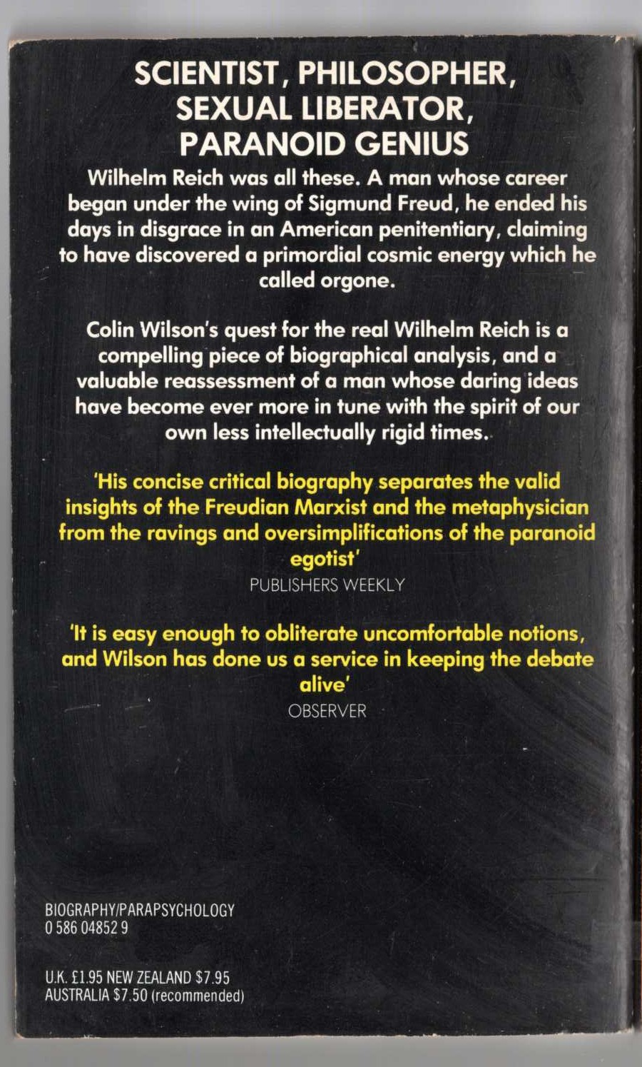 Colin Wilson  THE QUEST FOR WILHELM REICH magnified rear book cover image