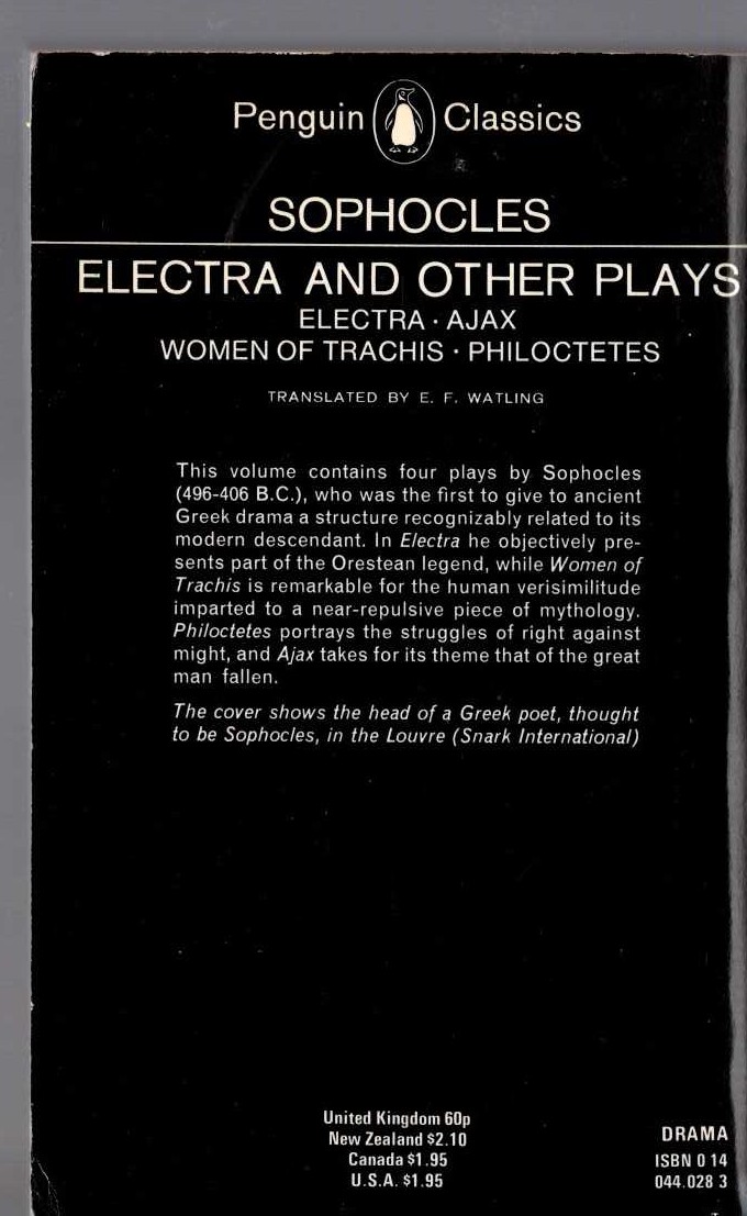 Sophocles   ELECTRA AND OTHER PLAYS magnified rear book cover image