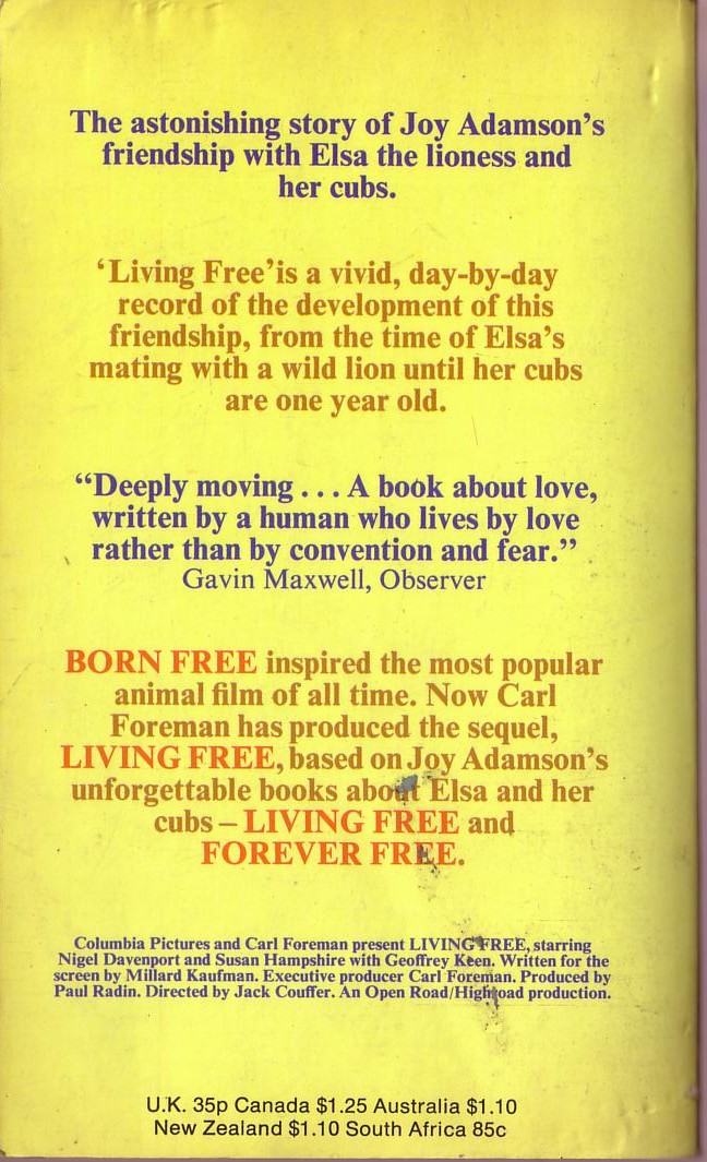 Joy Adamson  LIVING FREE magnified rear book cover image