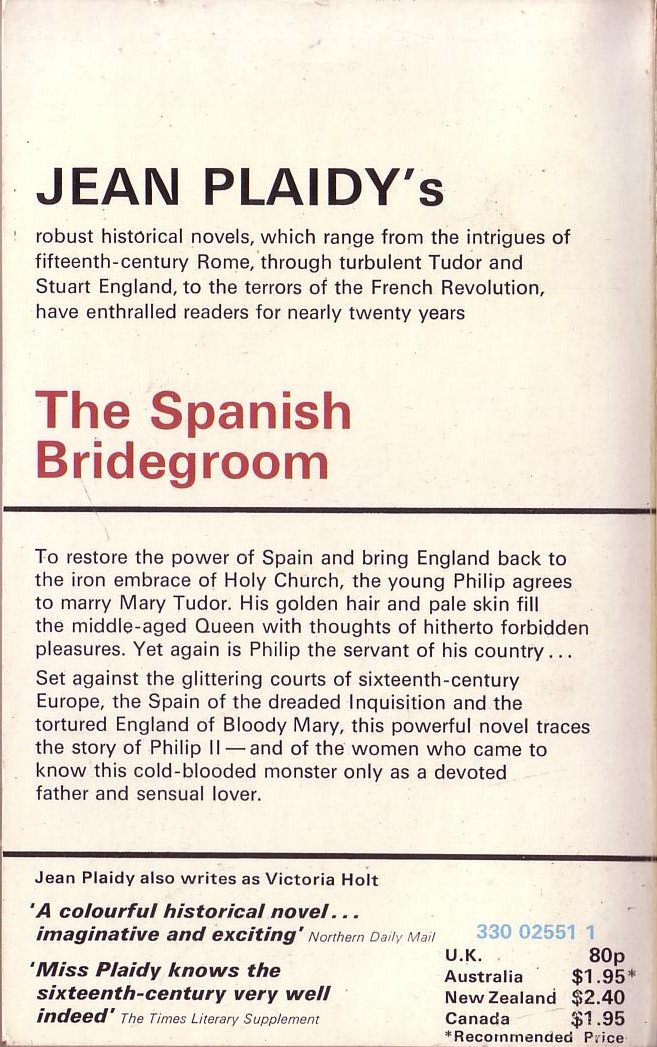 Jean Plaidy  THE SPANISH BRIDEGROOM magnified rear book cover image