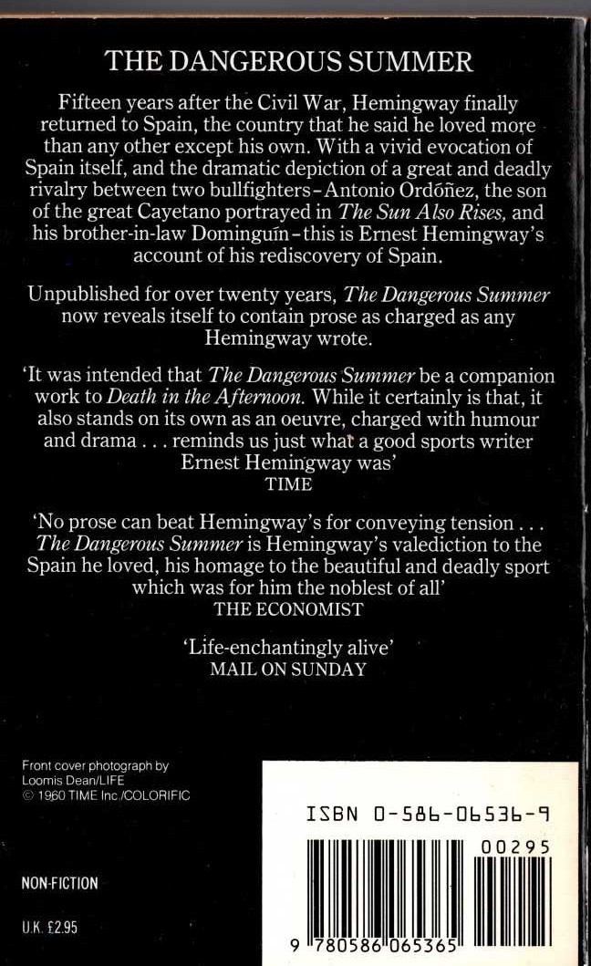 Ernest Hemingway  THE DANGEROUS SUMMER magnified rear book cover image