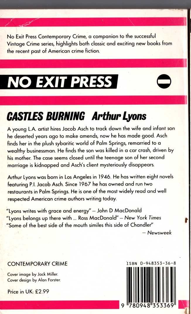 Arthur Lyons  CASTLES BURNING magnified rear book cover image