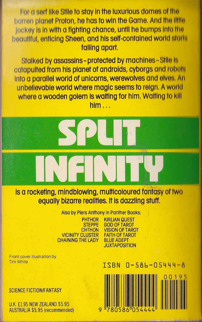Piers Anthony  SPLIT INFINITY magnified rear book cover image