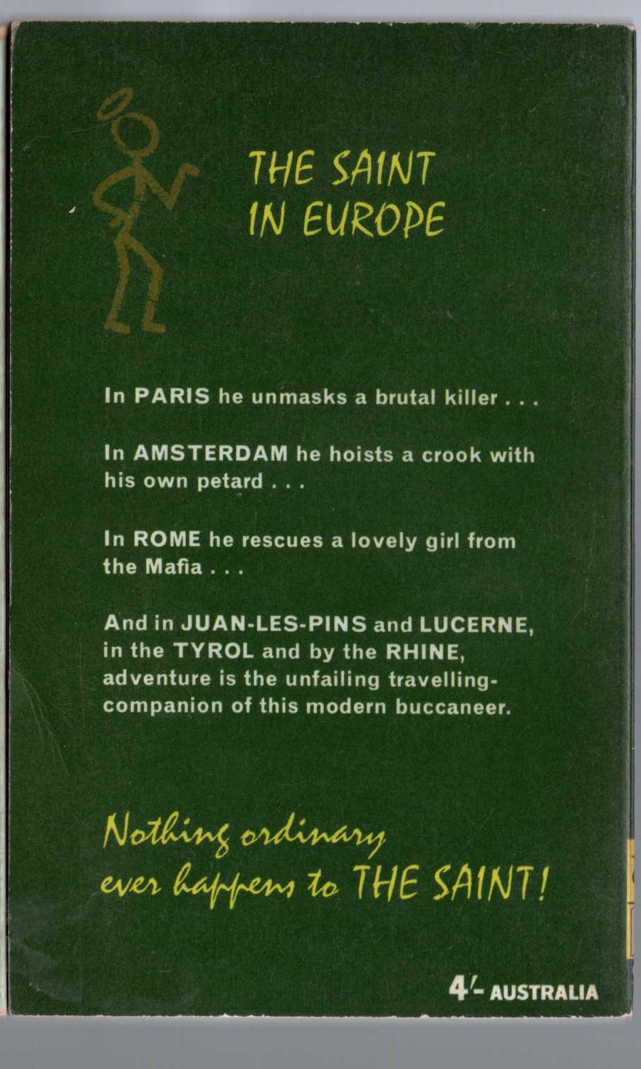 Leslie Charteris  THE SAINT IN EUROPE magnified rear book cover image
