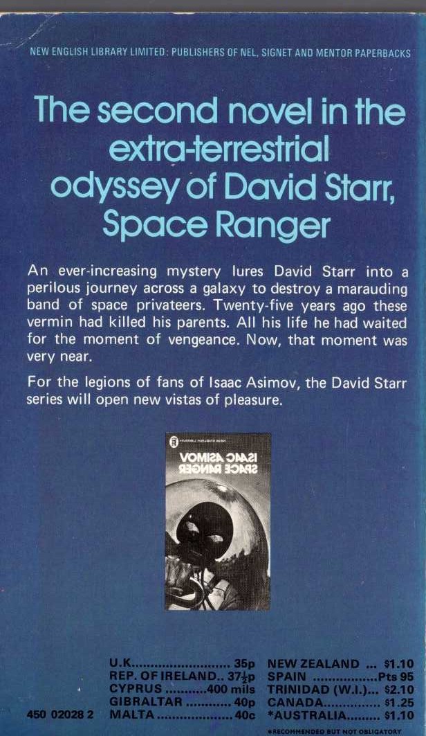 Isaac Asimov  PIRATES OF THE ASTEROIDS magnified rear book cover image
