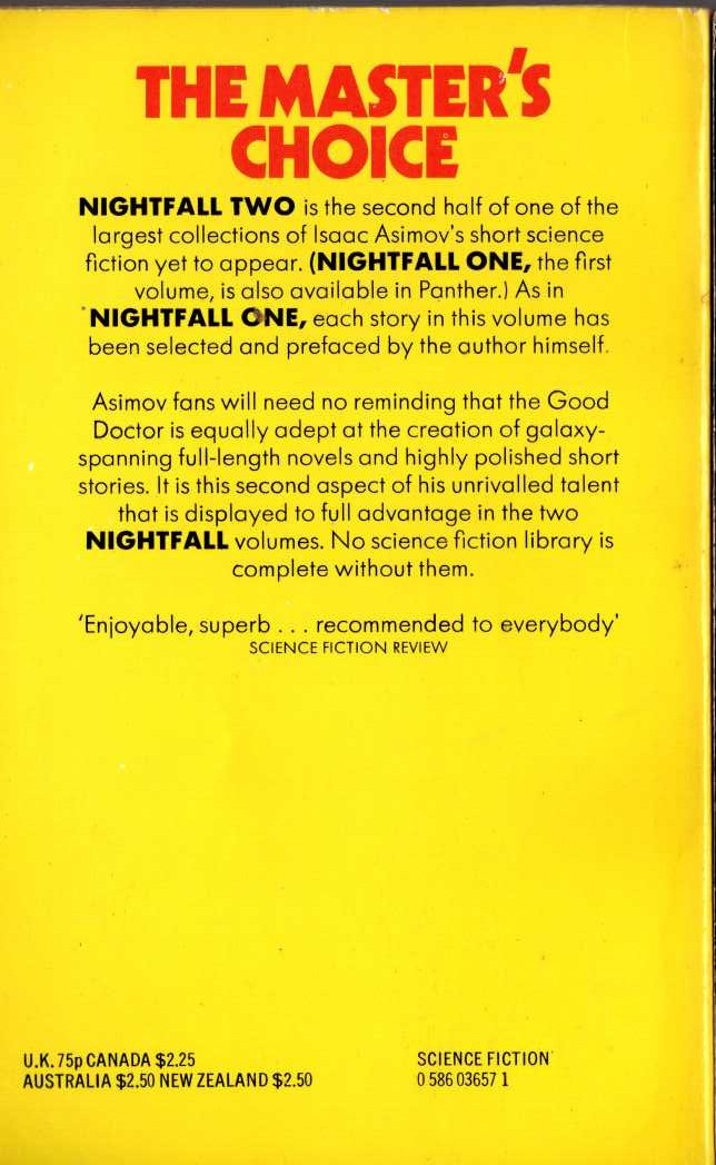 Isaac Asimov  NIGHTFALL TWO magnified rear book cover image