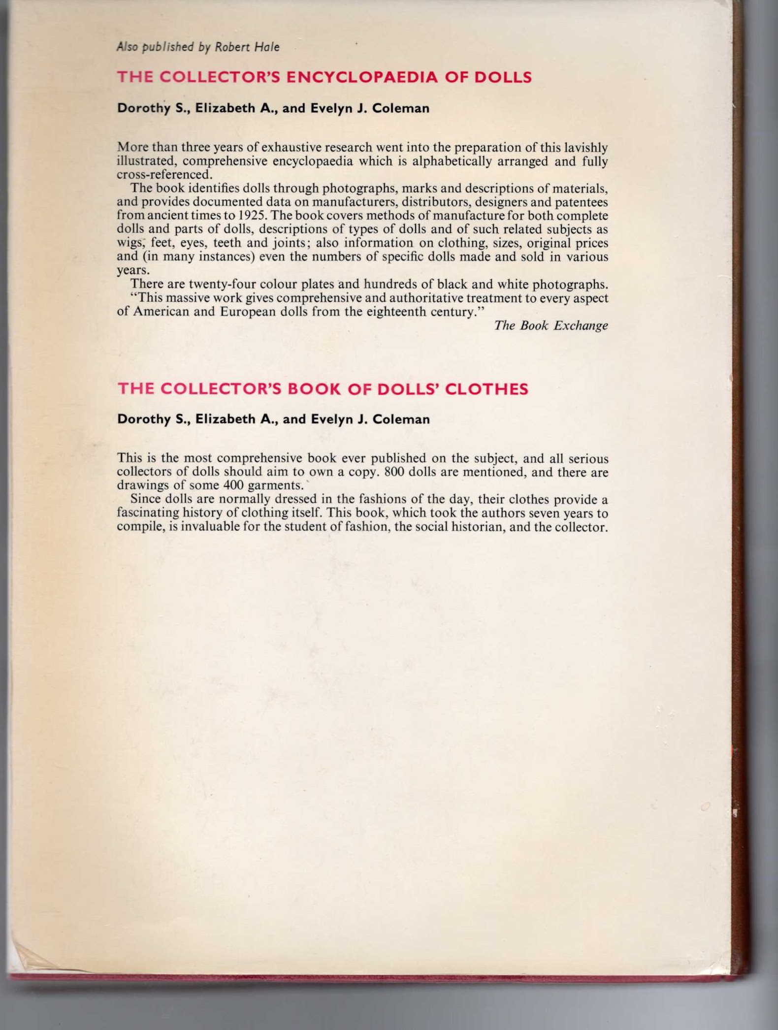 THE COLLECTOR'S HISTORY OF DOLLS magnified rear book cover image