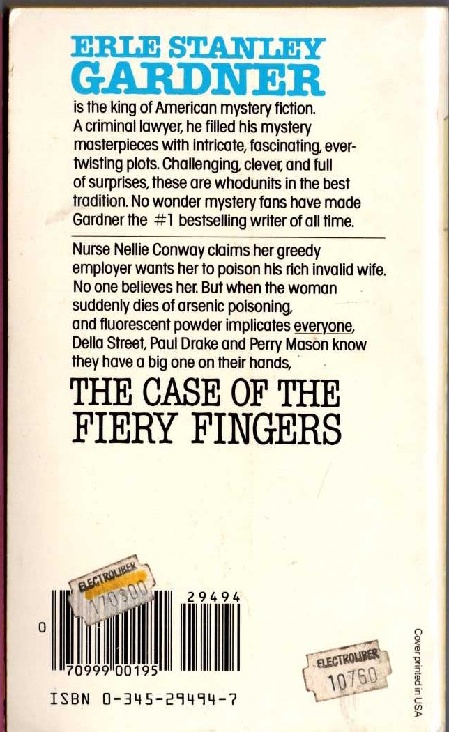Erle Stanley Gardner  THE CASE OF THE FIERY FINGERS magnified rear book cover image