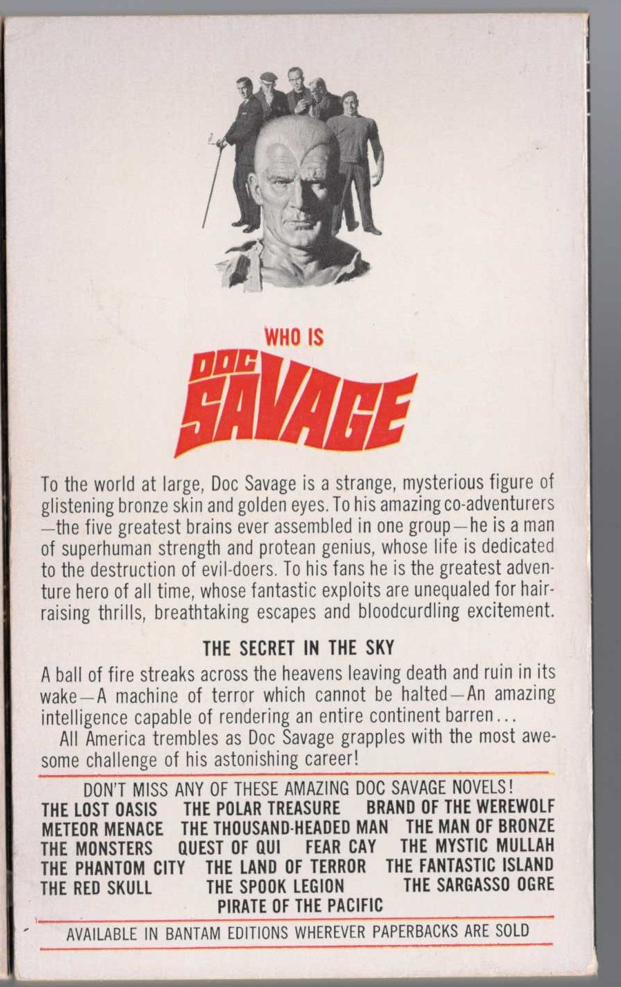Kenneth Robeson  DOC SAVAGE: THE SECRET IN THE SKY magnified rear book cover image