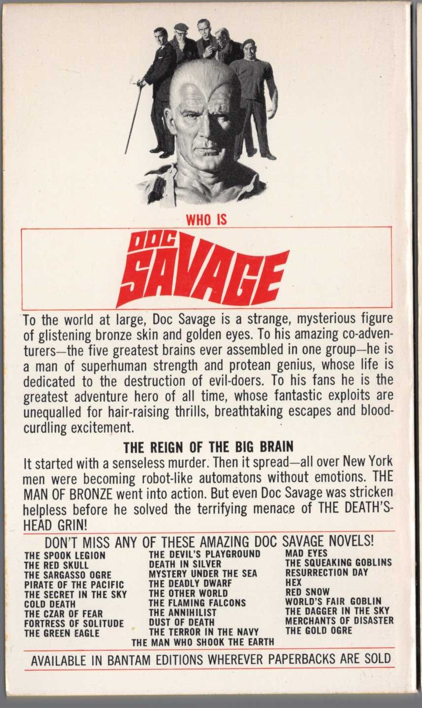 Kenneth Robeson  DOC SAVAGE: THE MEN WHO SMILED NO MORE magnified rear book cover image