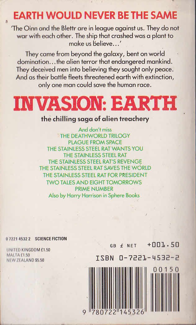 Harry Harrison  INVASION: EARTH magnified rear book cover image