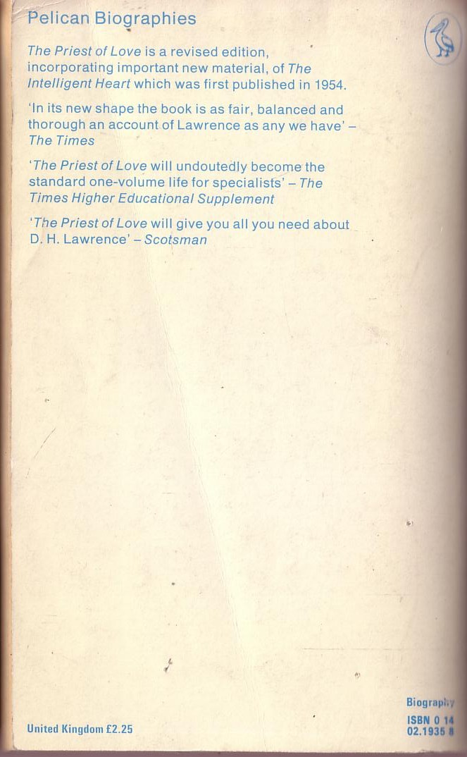 (Harry T.Moore) THE PRIEST OF LOVE: a life of D.H.Lawrence magnified rear book cover image