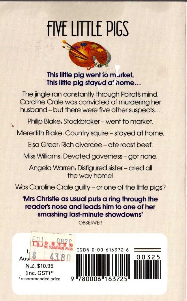 Agatha Christie  FIVE LITTLE PIGS magnified rear book cover image