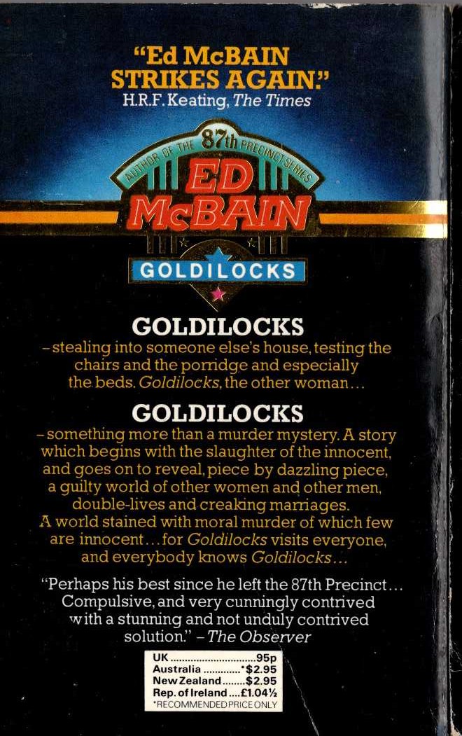 Ed McBain  GOLDILOCKS magnified rear book cover image