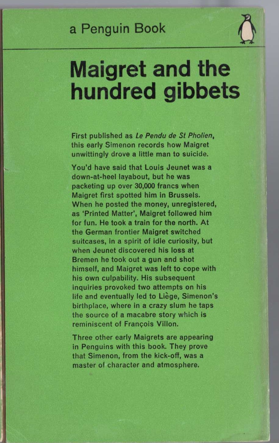 Georges Simenon  MAIGRET AND THE HUNDRED GIBBETS magnified rear book cover image