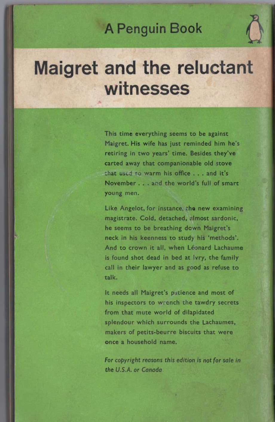 Georges Simenon  MAIGRET AND THE RELUCTANT WITNESSES magnified rear book cover image
