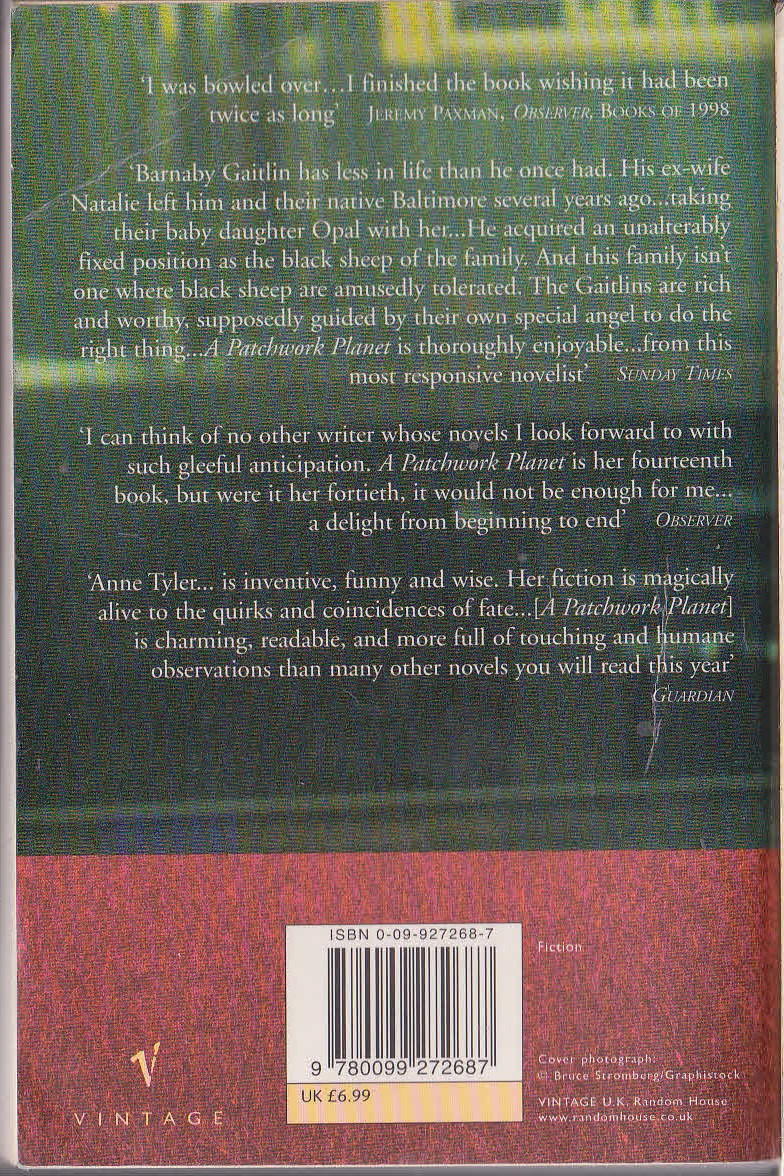 Anne Tyler  A PATCHWORK PLANET magnified rear book cover image