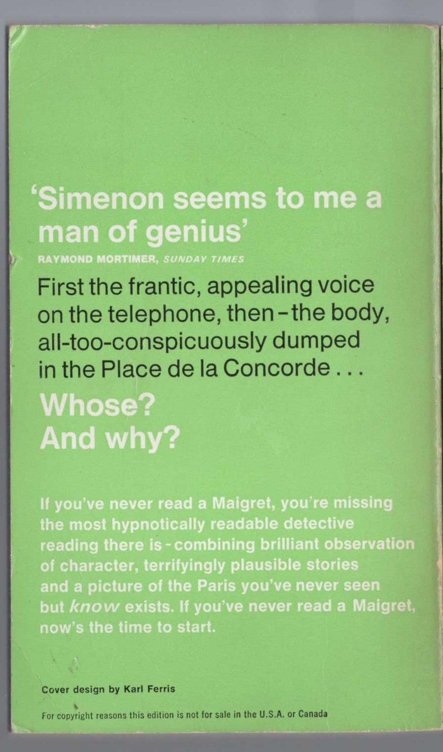 Georges Simenon  MAIGRET'S SPECIAL MURDER magnified rear book cover image
